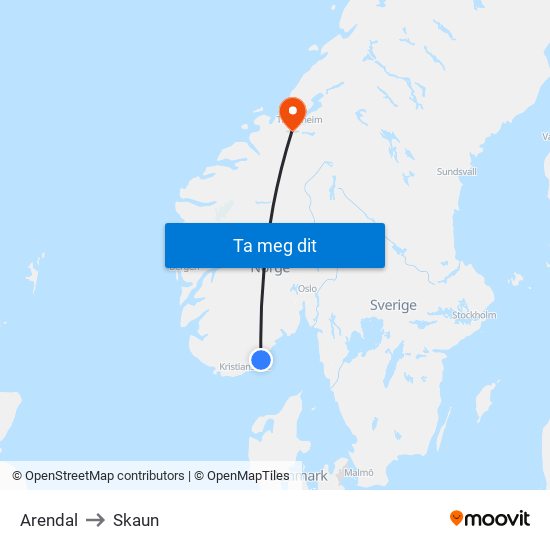 Arendal to Skaun map