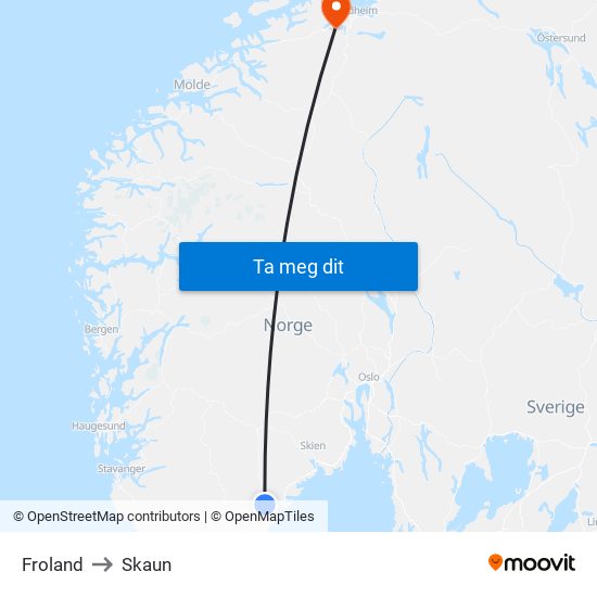 Froland to Skaun map