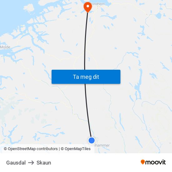 Gausdal to Skaun map