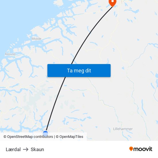 Lærdal to Skaun map