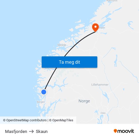 Masfjorden to Skaun map