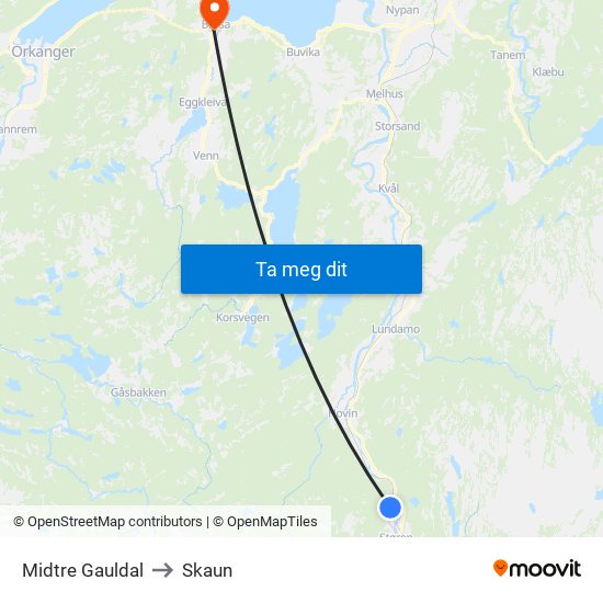 Midtre Gauldal to Skaun map