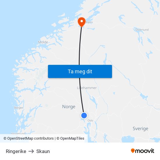 Ringerike to Skaun map