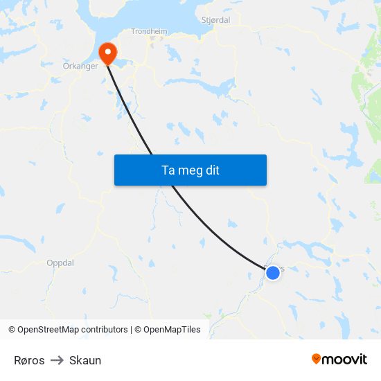 Røros to Skaun map