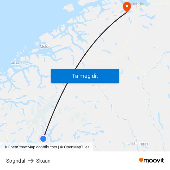Sogndal to Skaun map