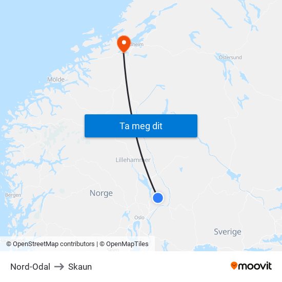 Nord-Odal to Skaun map