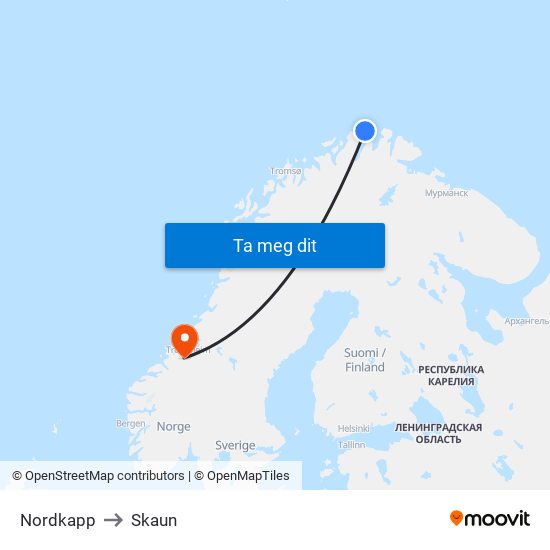 Nordkapp to Skaun map