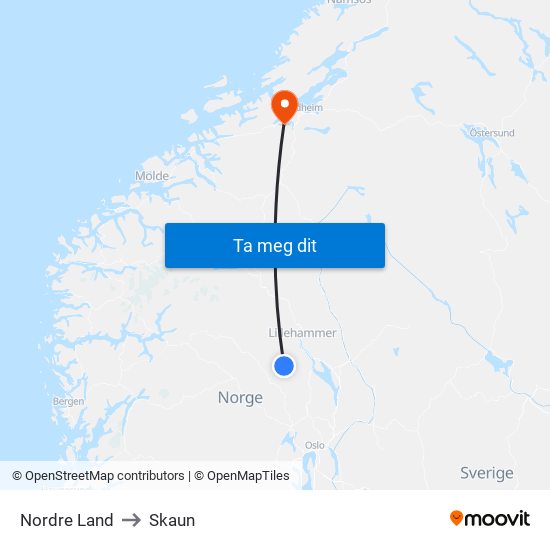 Nordre Land to Skaun map