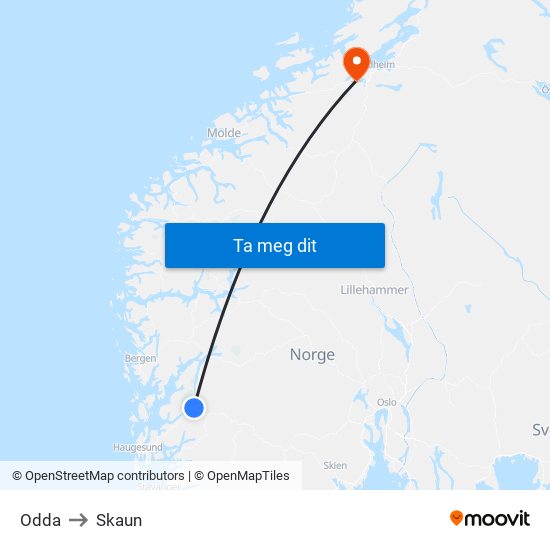 Odda to Skaun map