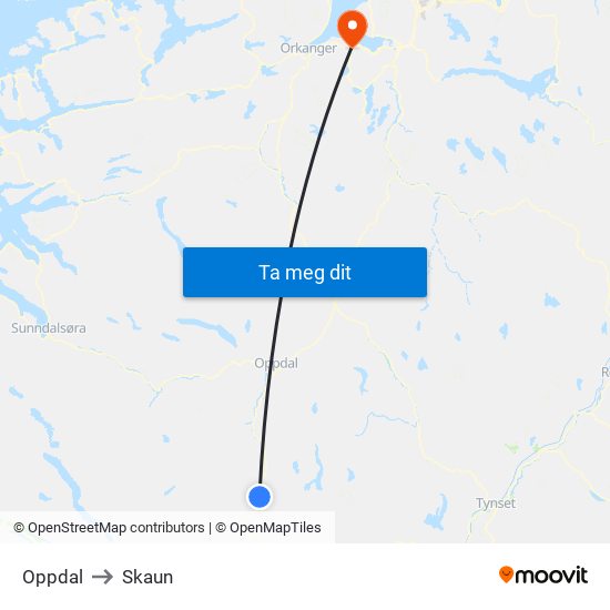 Oppdal to Skaun map