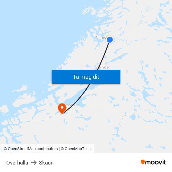 Overhalla to Skaun map