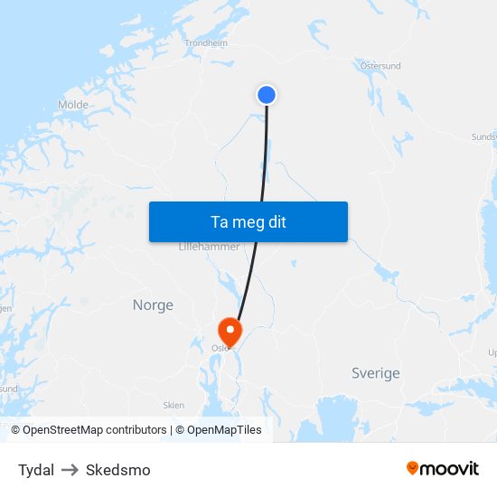 Tydal to Skedsmo map
