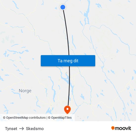 Tynset to Skedsmo map