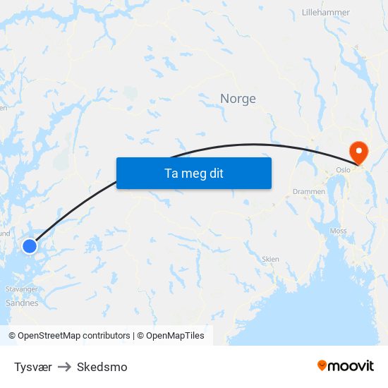 Tysvær to Skedsmo map