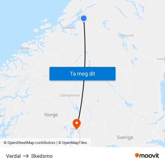 Verdal to Skedsmo map