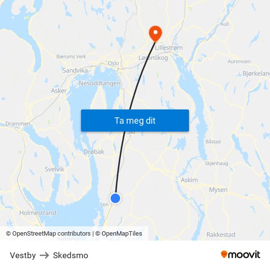 Vestby to Skedsmo map