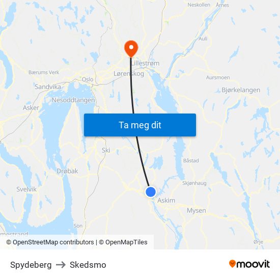 Spydeberg to Skedsmo map