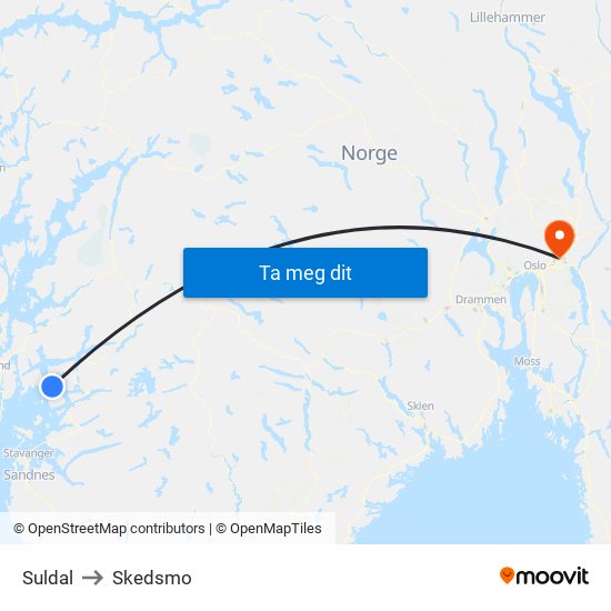 Suldal to Skedsmo map