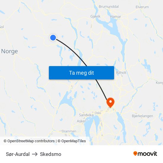 Sør-Aurdal to Skedsmo map