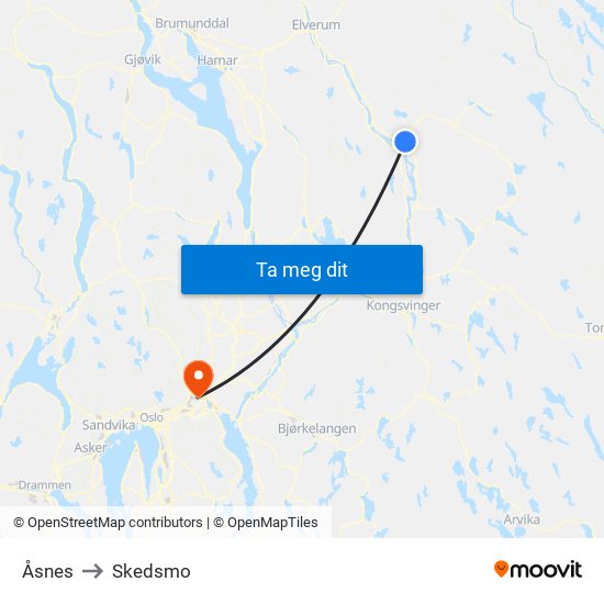 Åsnes to Skedsmo map