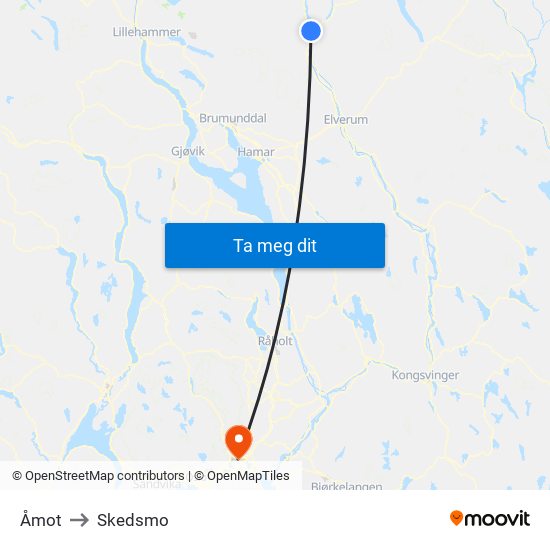 Åmot to Skedsmo map