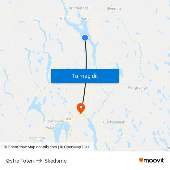 Østre Toten to Skedsmo map