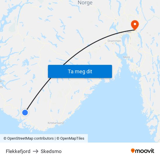 Flekkefjord to Skedsmo map