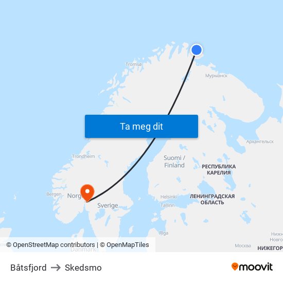 Båtsfjord to Skedsmo map
