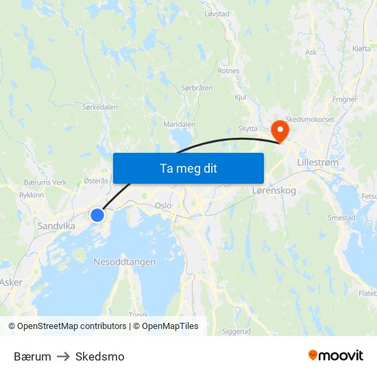 Bærum to Skedsmo map