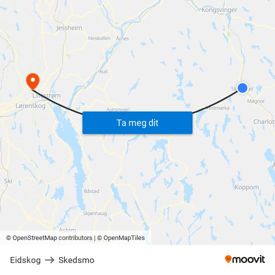 Eidskog to Skedsmo map