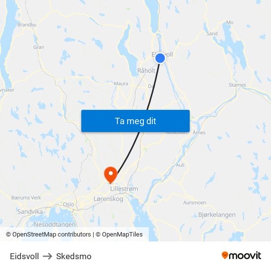 Eidsvoll to Skedsmo map