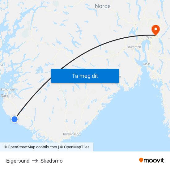 Eigersund to Skedsmo map