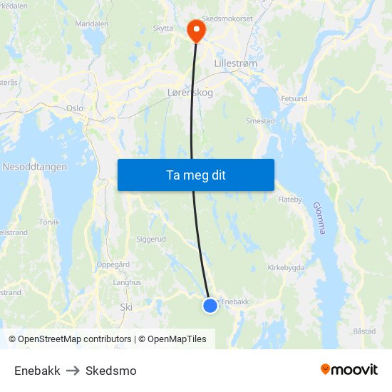 Enebakk to Skedsmo map