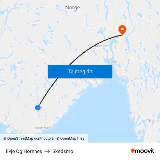 Evje Og Hornnes to Skedsmo map