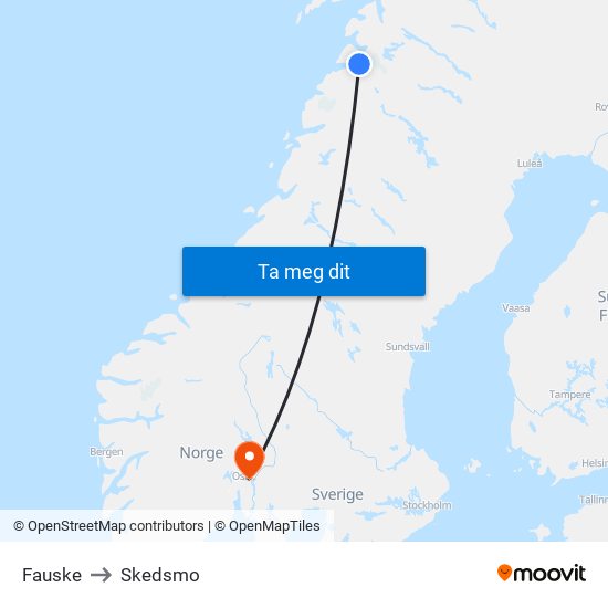 Fauske to Skedsmo map