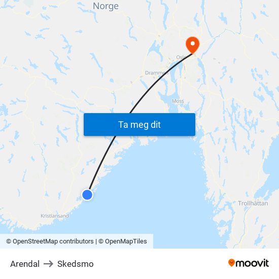 Arendal to Skedsmo map