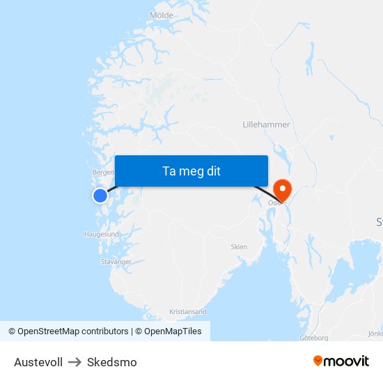 Austevoll to Skedsmo map