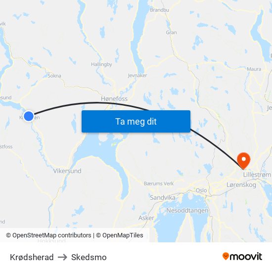 Krødsherad to Skedsmo map