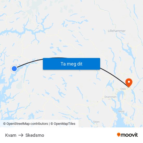 Kvam to Skedsmo map