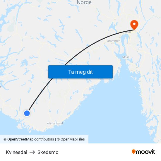 Kvinesdal to Skedsmo map