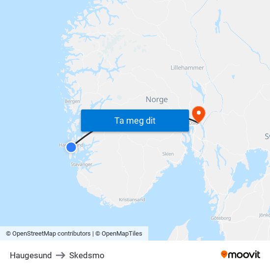 Haugesund to Skedsmo map