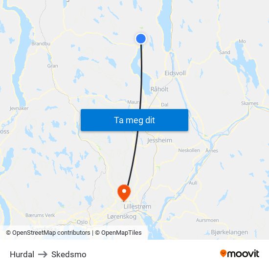 Hurdal to Skedsmo map