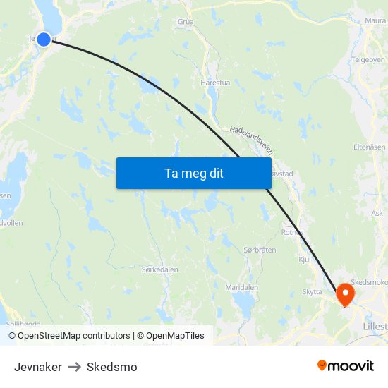 Jevnaker to Skedsmo map