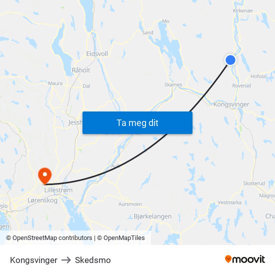 Kongsvinger to Skedsmo map