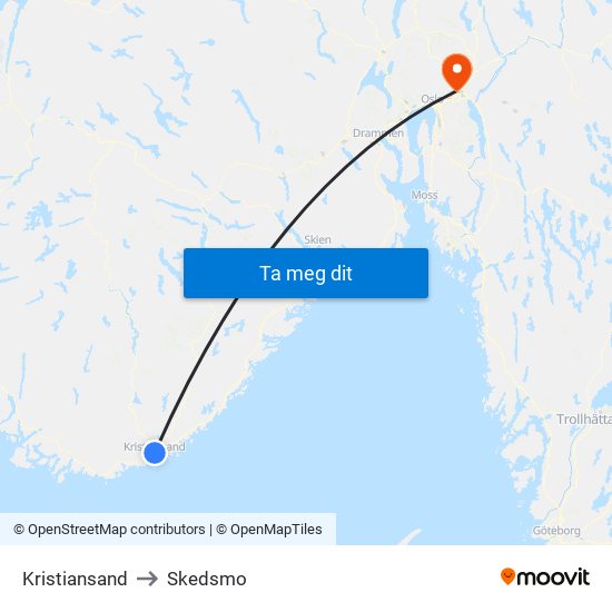 Kristiansand to Skedsmo map