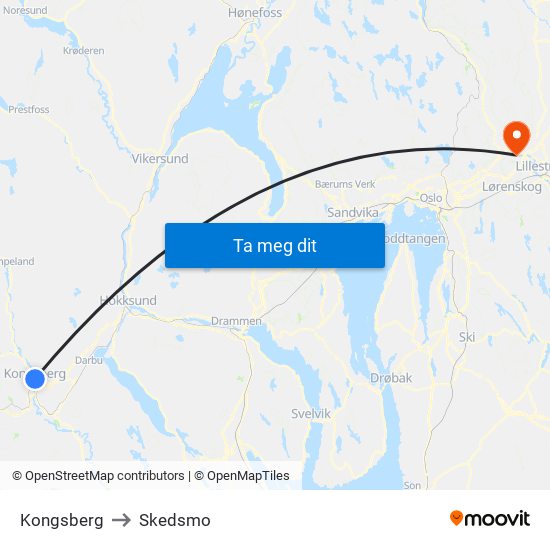 Kongsberg to Skedsmo map