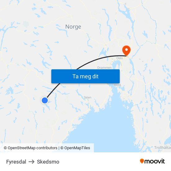 Fyresdal to Skedsmo map