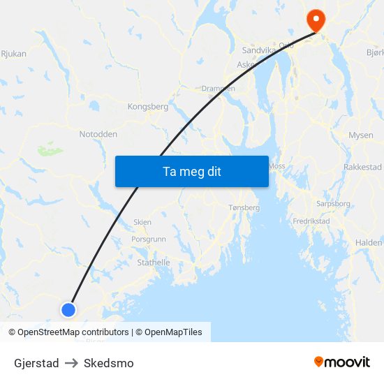 Gjerstad to Skedsmo map