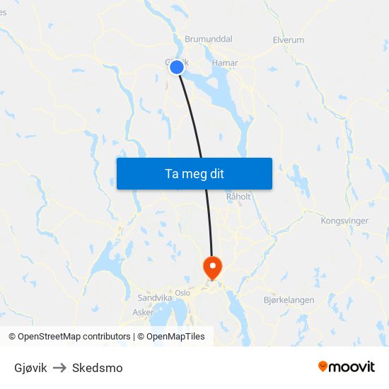 Gjøvik to Skedsmo map