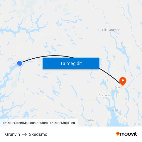 Granvin to Skedsmo map